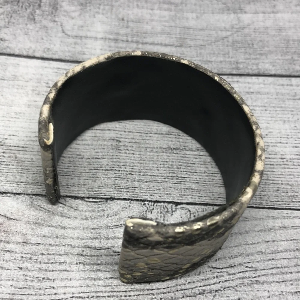 Snakeskin textured faux leather dressy statement cuff bracelet with stone
